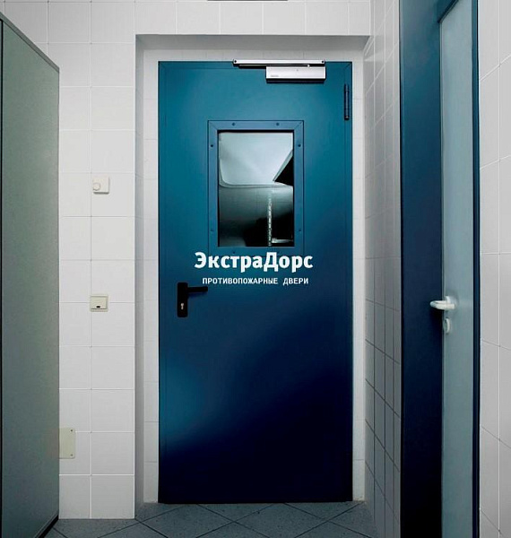 Противопожарная дверь 1 типа синяя c выпадающим порогом с остеклением в Ивантеевке  купить